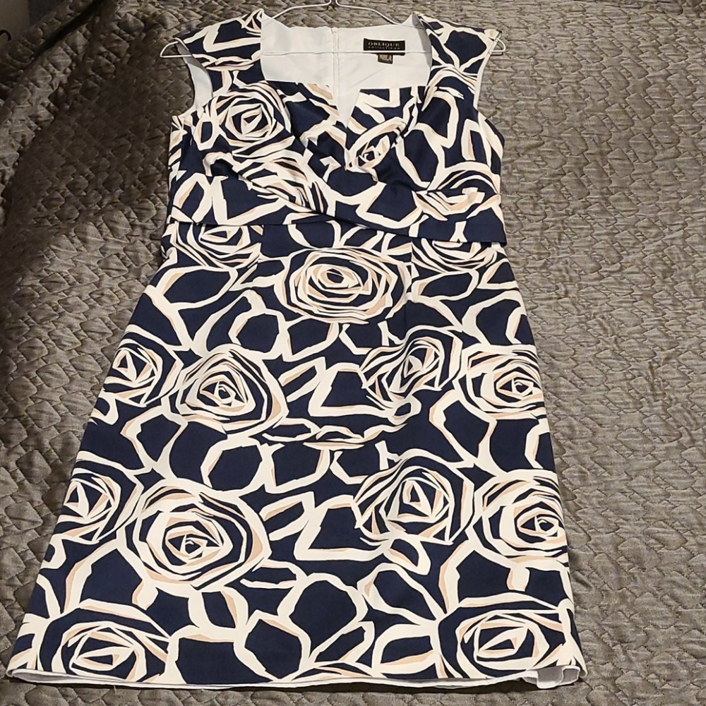 Navy tan white Rose print cocktail.dress